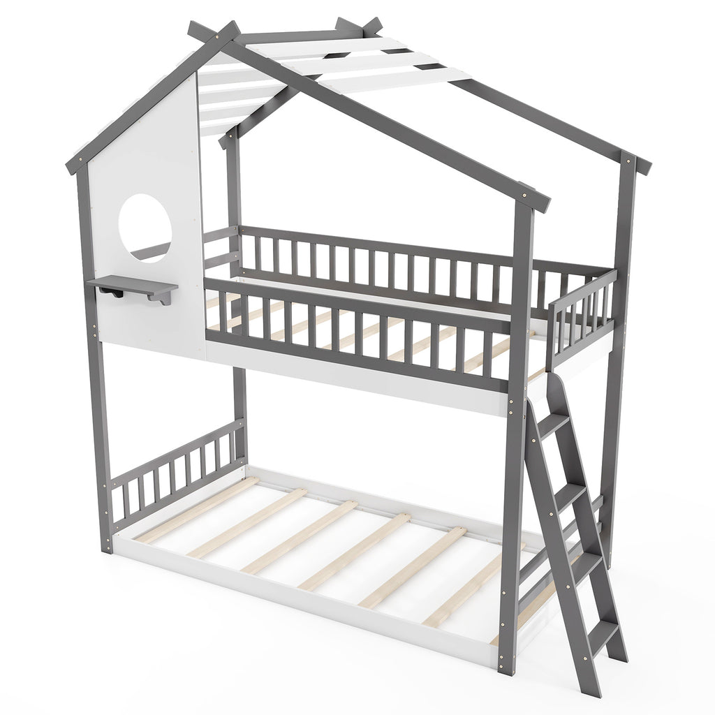 Twin over Twin House Bunk Bed with Guardrails - Gray & White