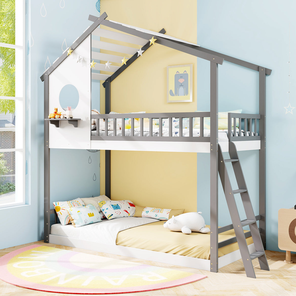 Twin over Twin House Bunk Bed with Guardrails - Gray & White