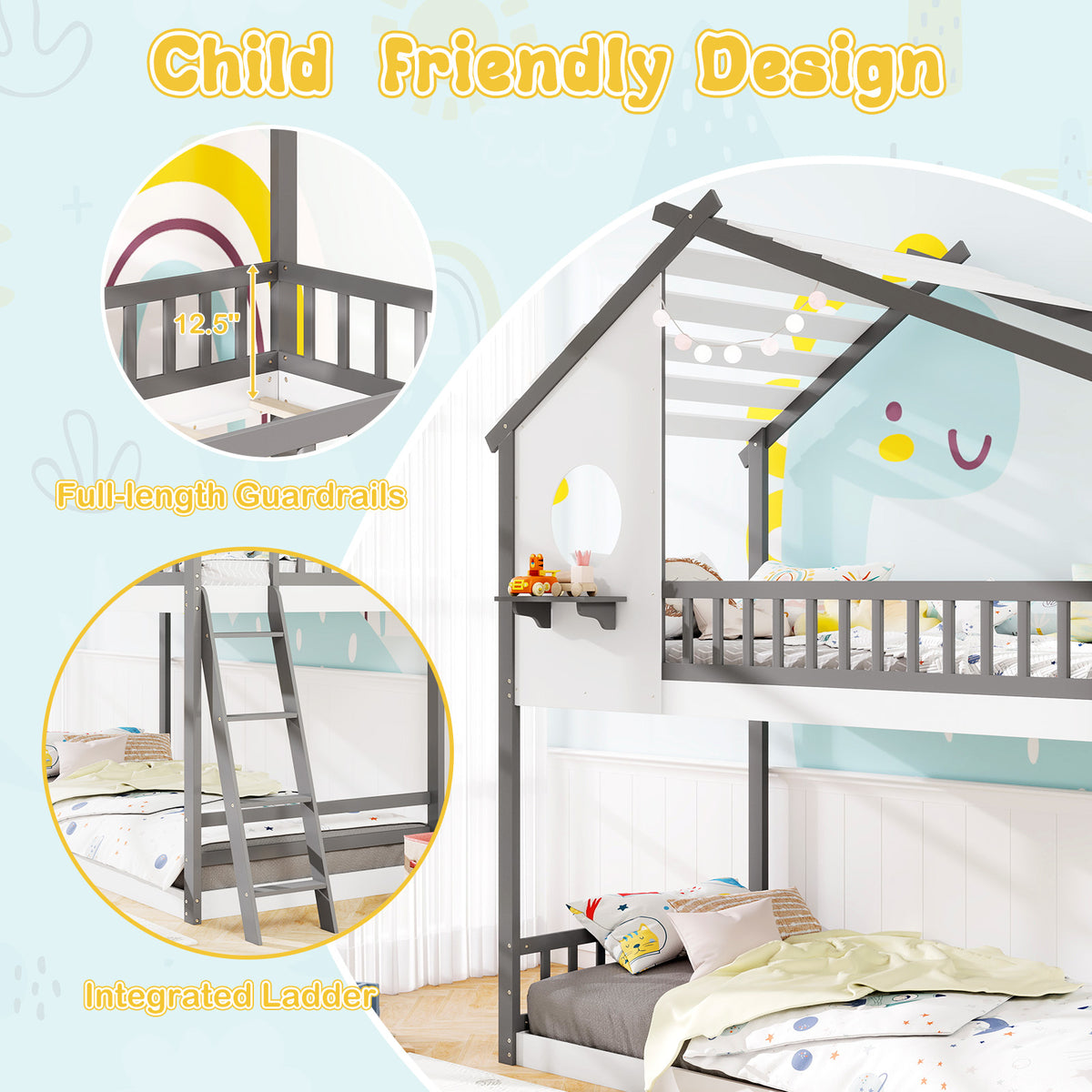 Twin over Twin House Bunk Bed with Guardrails - Gray & White