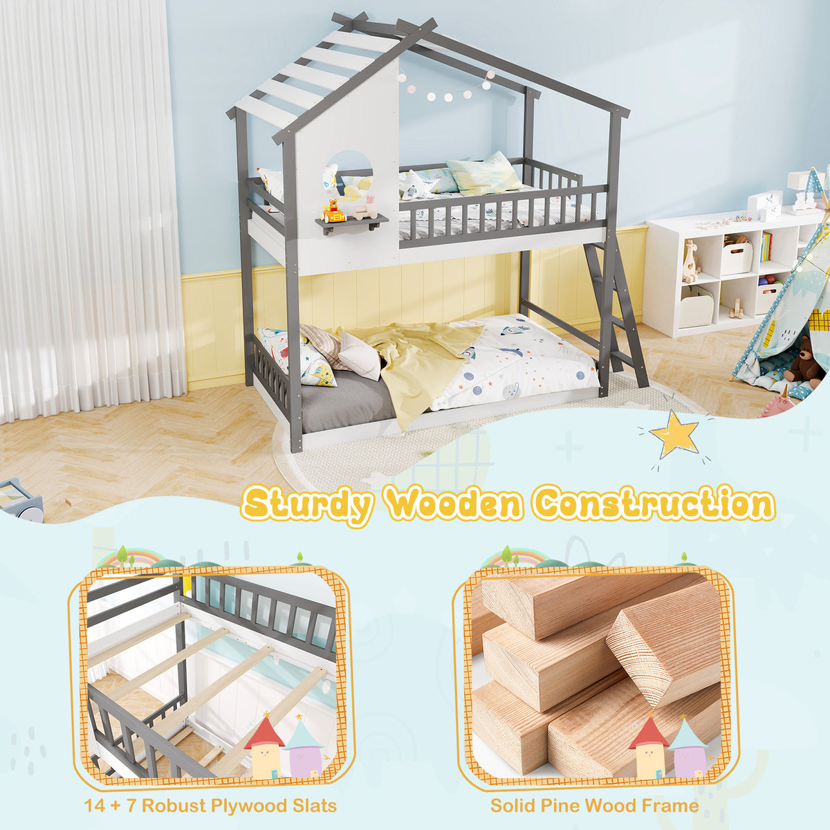 Twin over Twin House Bunk Bed with Guardrails - Gray & White