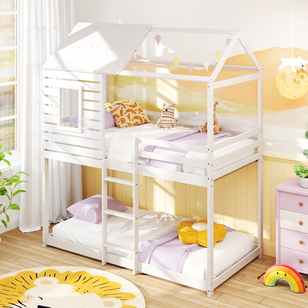 Twin over Twin House Bunk Bed with Guardrails - White