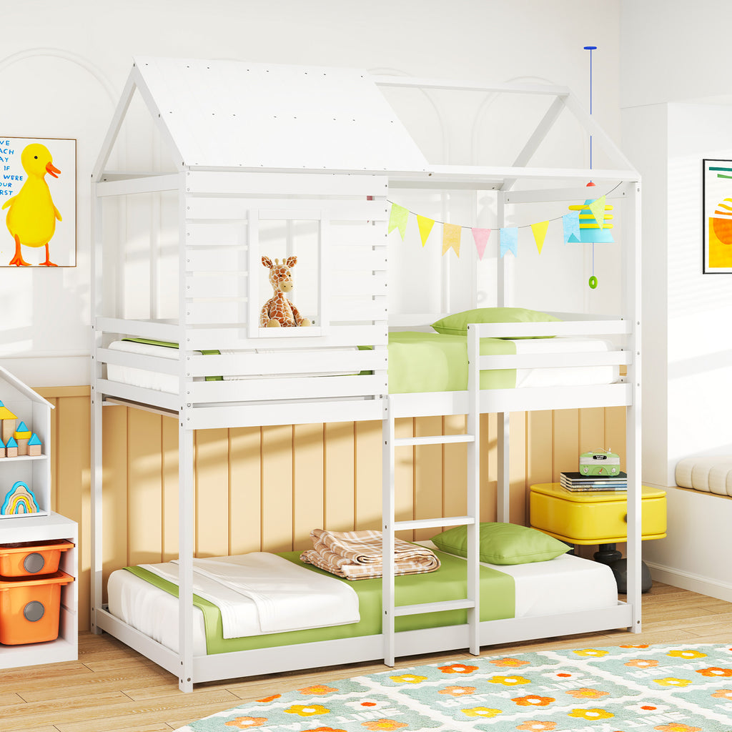 Twin over Twin House Bunk Bed with Guardrails - White