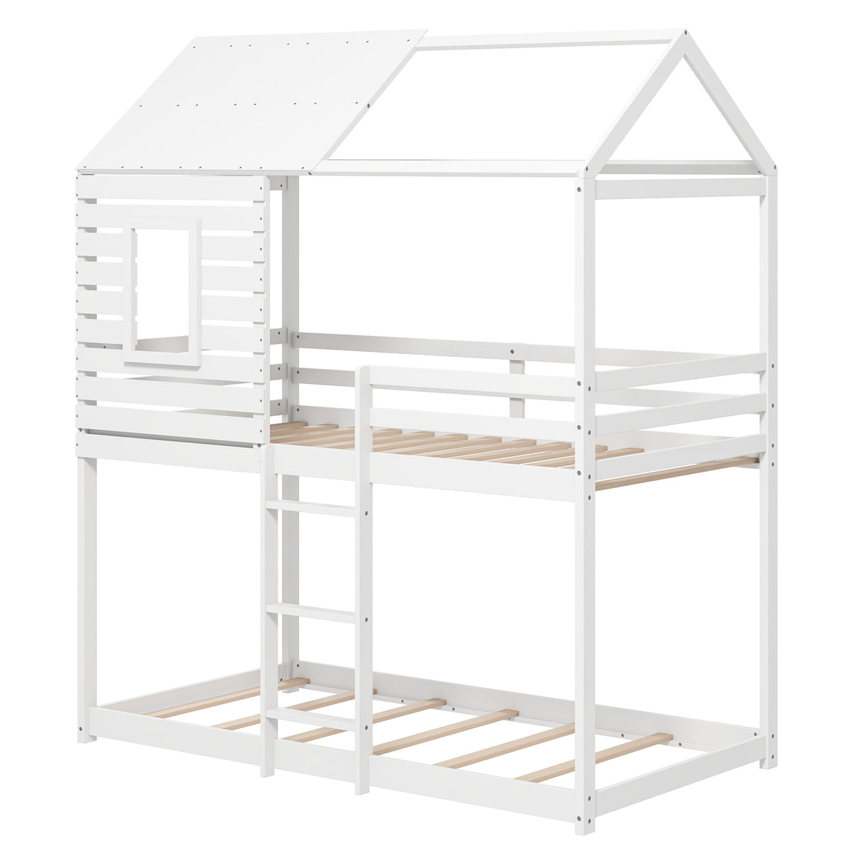 Twin over Twin House Bunk Bed with Guardrails - White