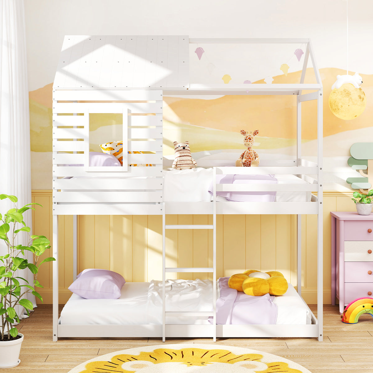 Twin over Twin House Bunk Bed with Guardrails - White