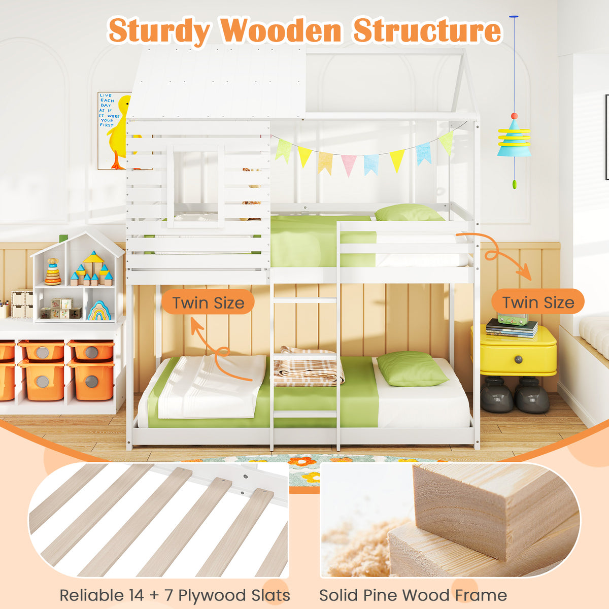 Twin over Twin House Bunk Bed with Guardrails - White