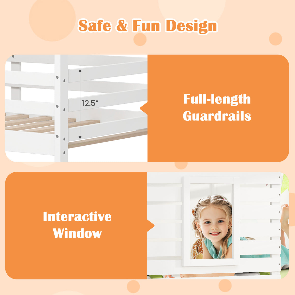 Twin over Twin House Bunk Bed with Guardrails - White