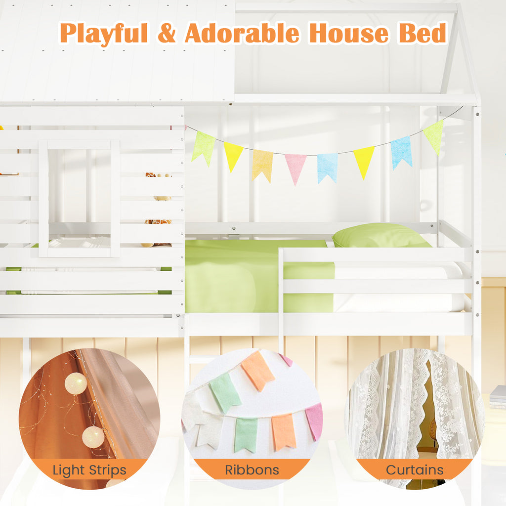 Twin over Twin House Bunk Bed with Guardrails - White