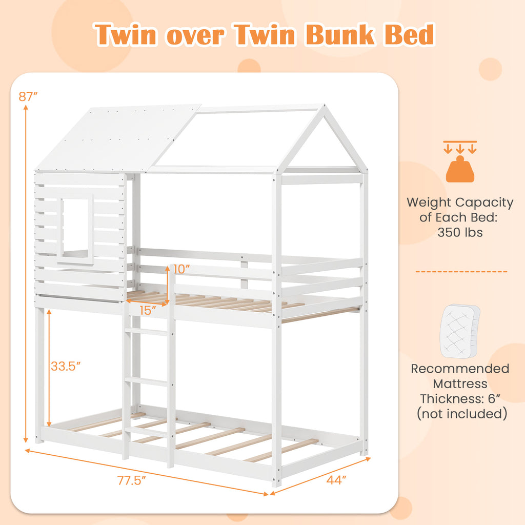 Twin over Twin House Bunk Bed with Guardrails - White