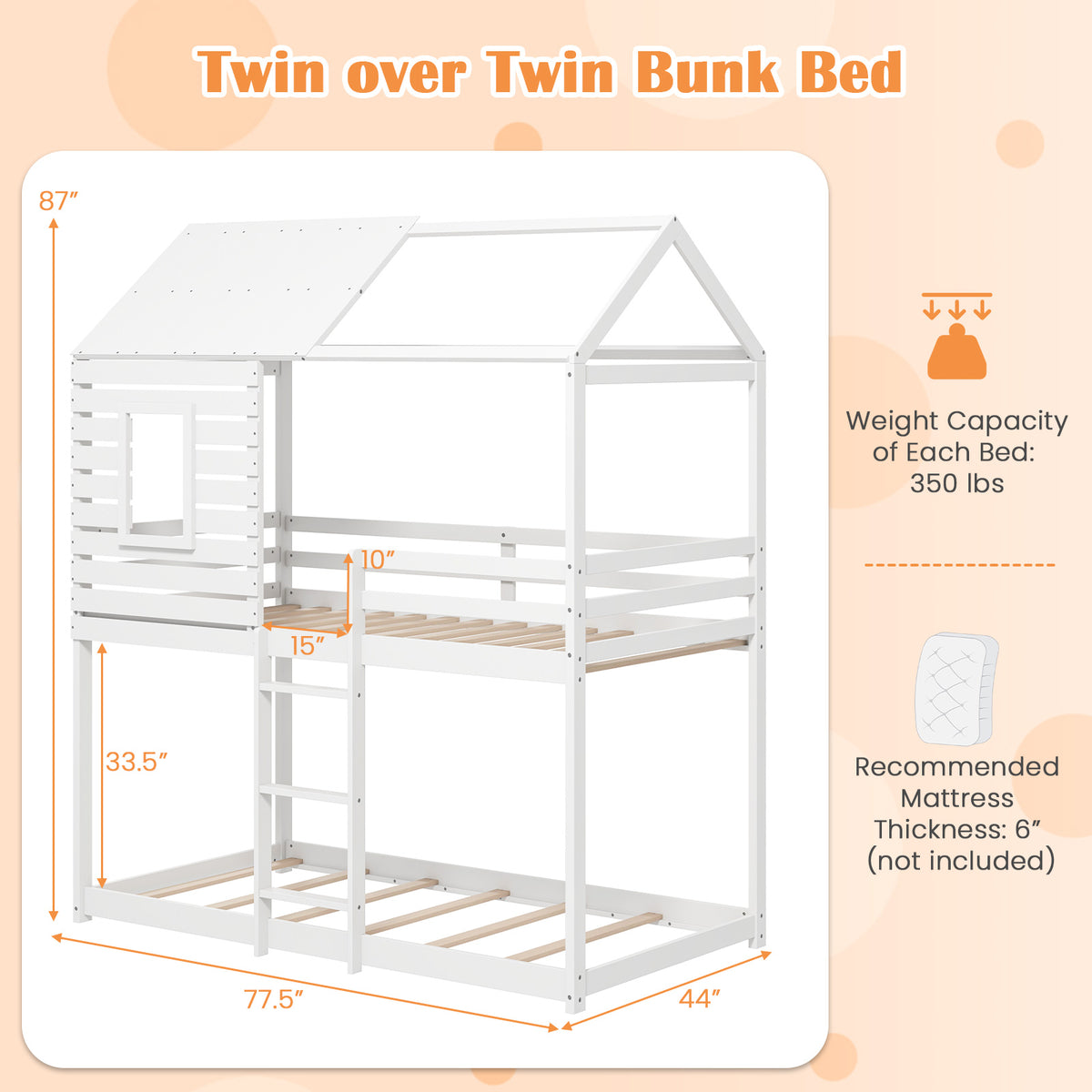 Twin over Twin House Bunk Bed with Guardrails - White