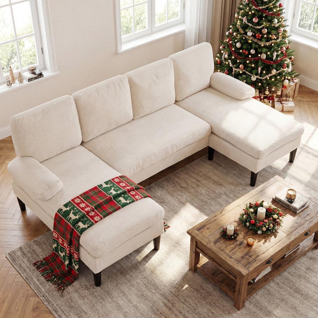 U-Shaped Sectional Couch with Double Chaise, Beige