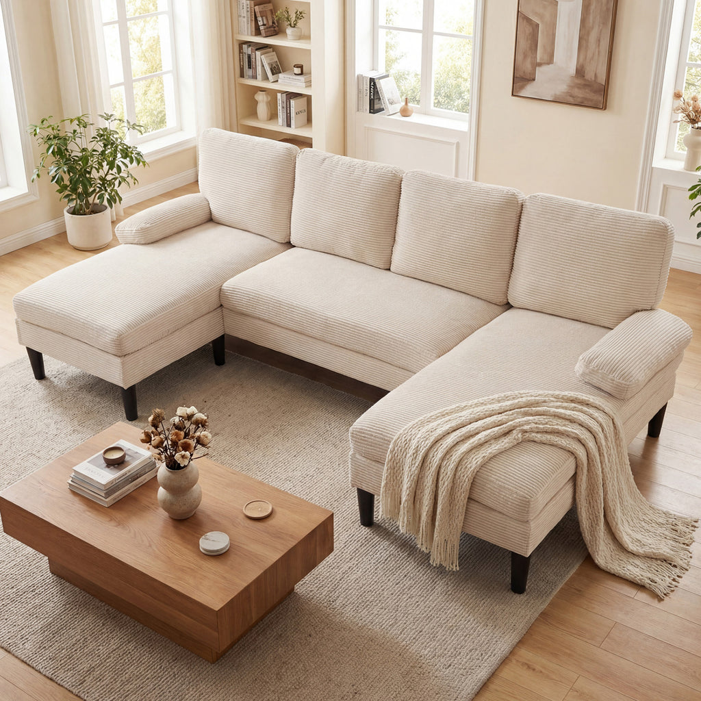 U-Shaped Sectional Couch with Double Chaise, Beige
