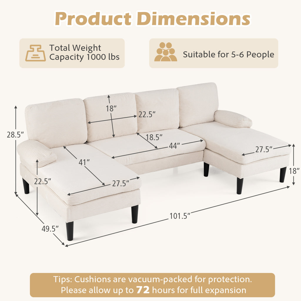 U-Shaped Sectional Couch with Double Chaise, Beige
