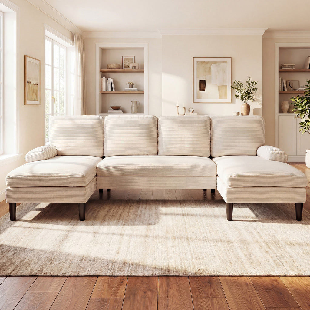 U-Shaped Sectional Couch with Double Chaise, Beige