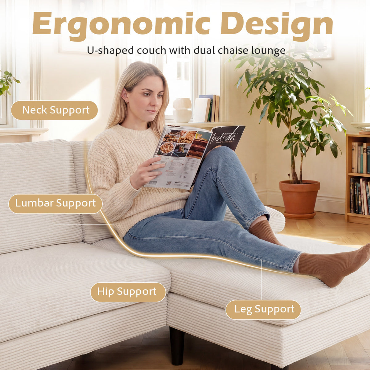 U-Shaped Sectional Couch with Double Chaise, Beige