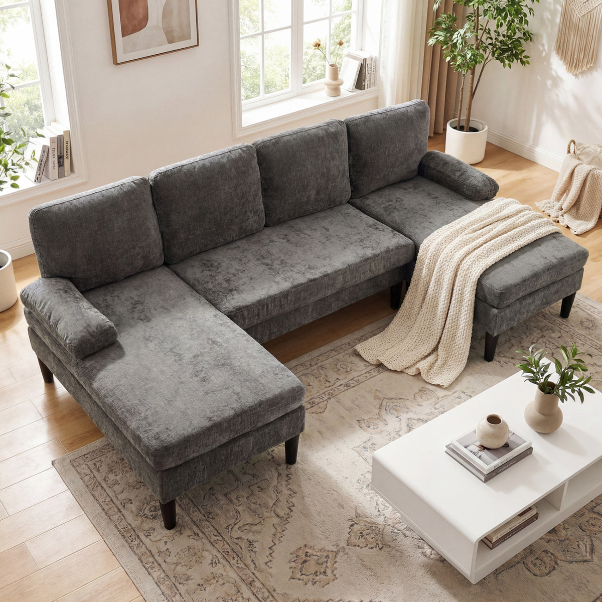 U-Shaped Sectional Couch with Double Chaise, Gray