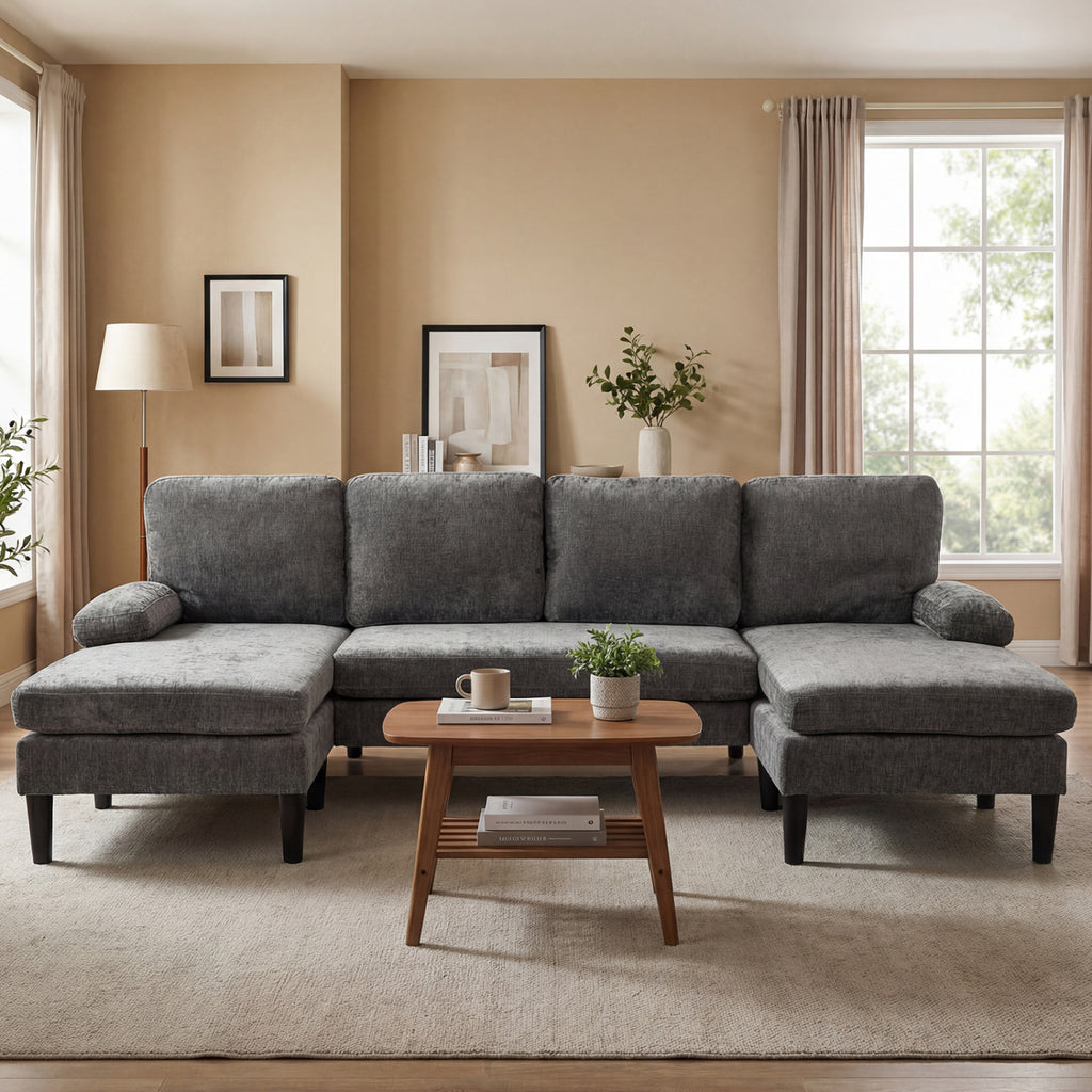U-Shaped Sectional Couch with Double Chaise, Gray