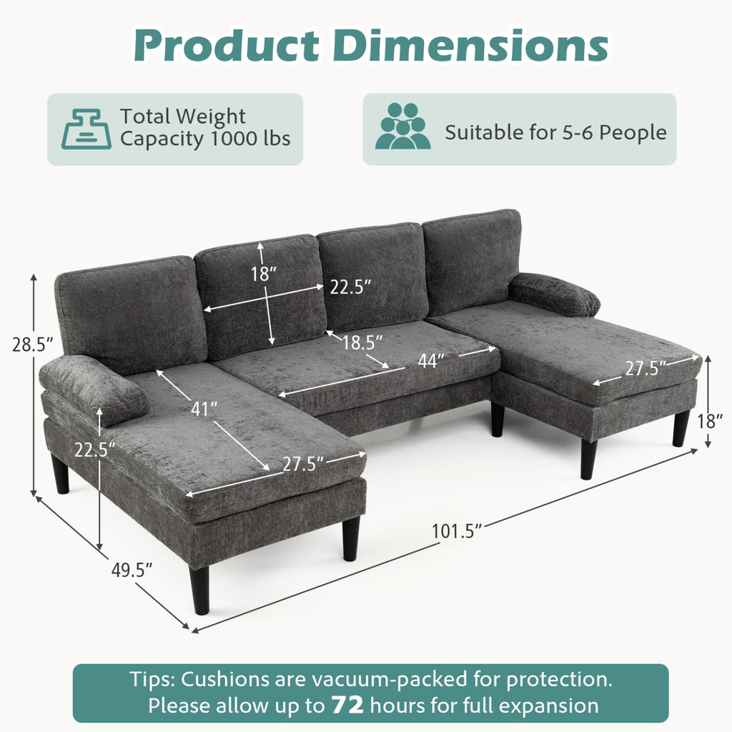 U-Shaped Sectional Couch with Double Chaise, Gray