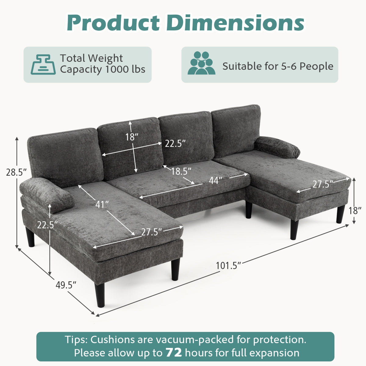 U-Shaped Sectional Couch with Double Chaise, Gray