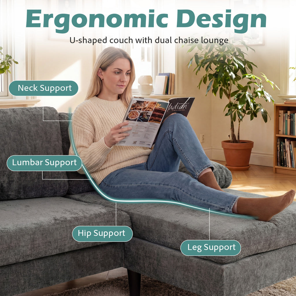 U-Shaped Sectional Couch with Double Chaise, Gray