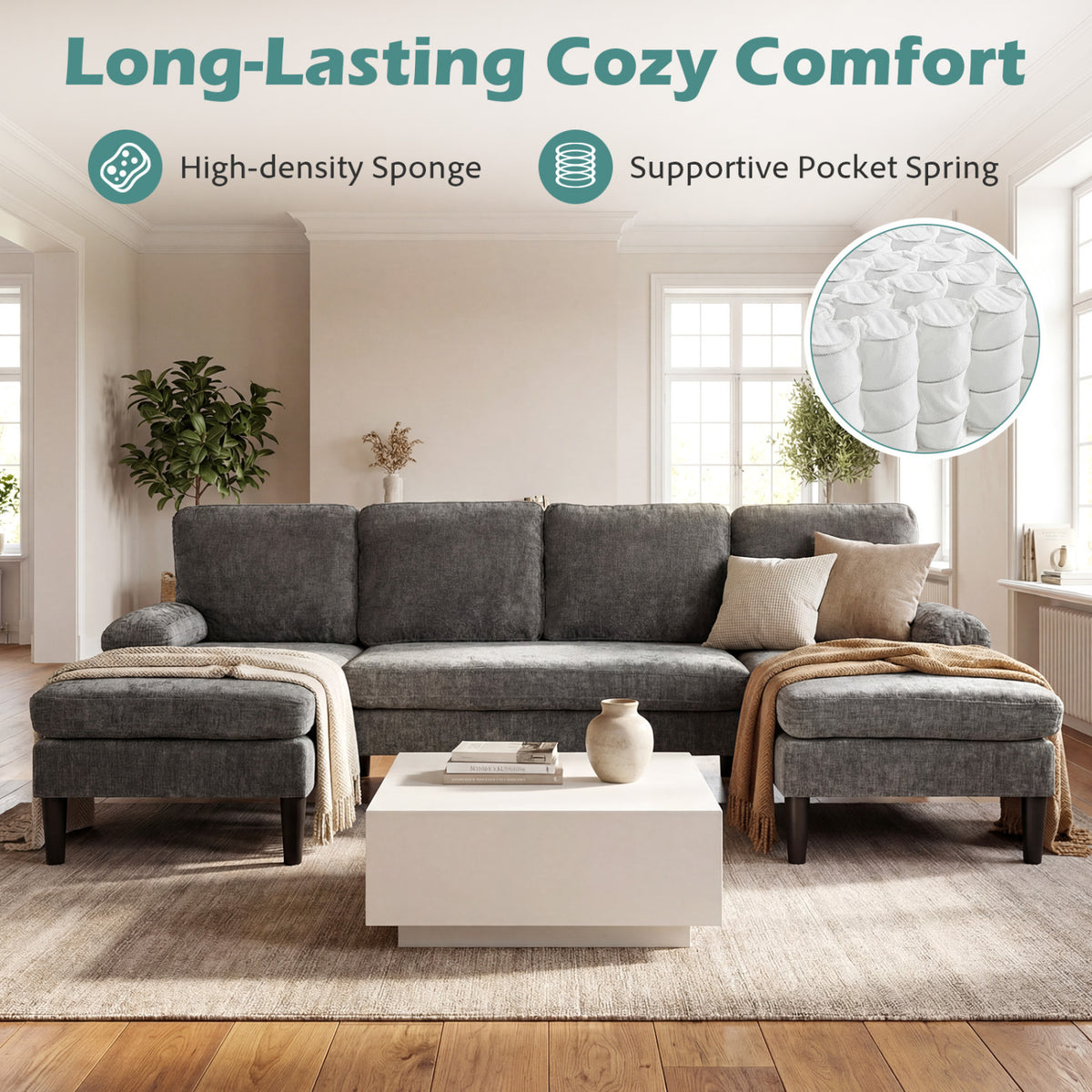 U-Shaped Sectional Couch with Double Chaise, Gray