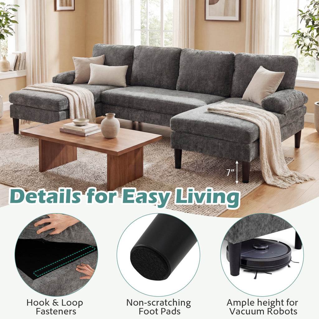 U-Shaped Sectional Couch with Double Chaise, Gray