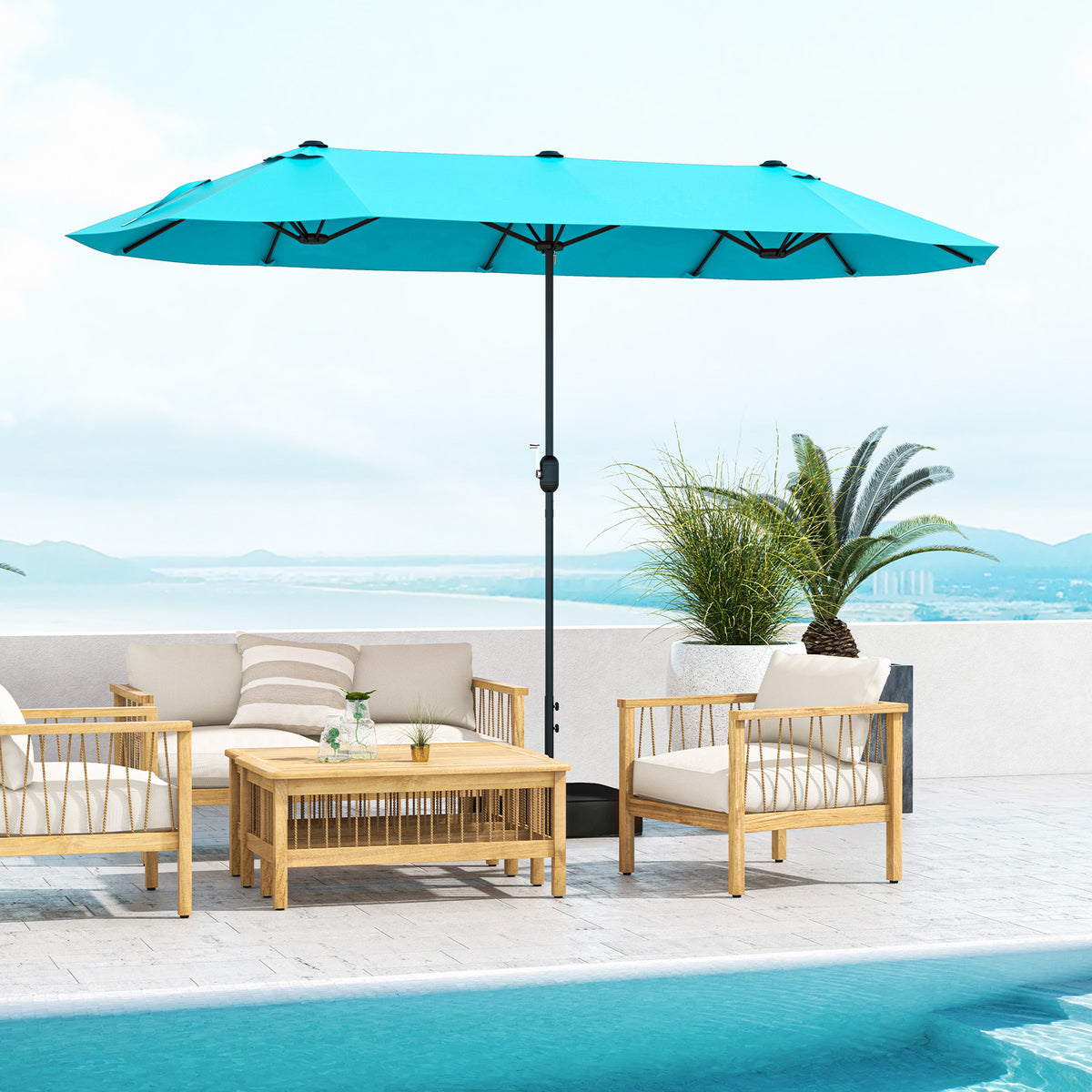 13 Feet Double-Sided Patio Twin Table Umbrella with Crank Handle