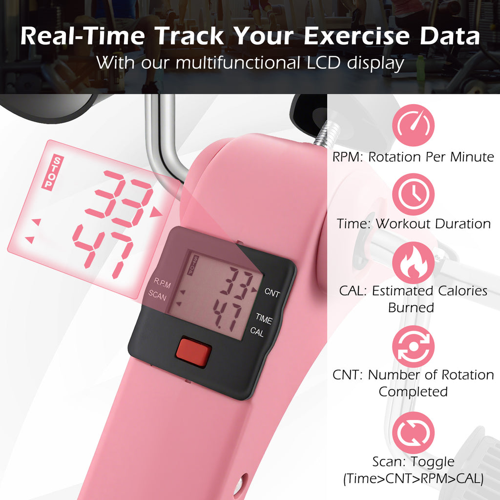 Pink Under Desk Exercise Bike Pedal Exerciser with LCD Display for Legs & Arms Workout