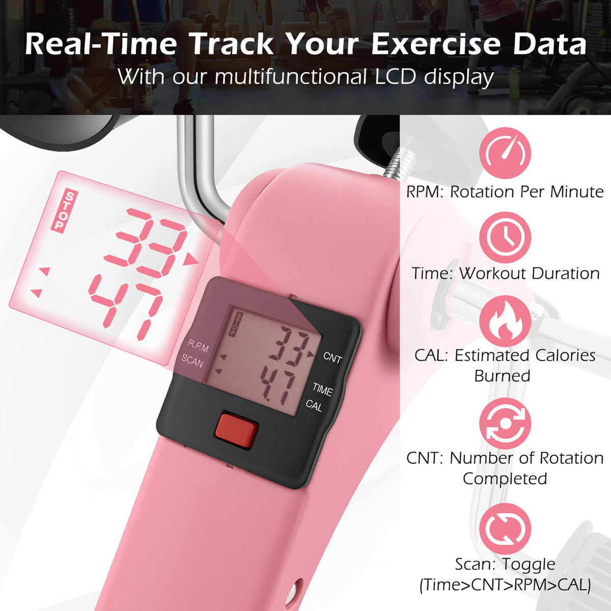 Pink Under Desk Exercise Bike Pedal Exerciser with LCD Display for Legs & Arms Workout