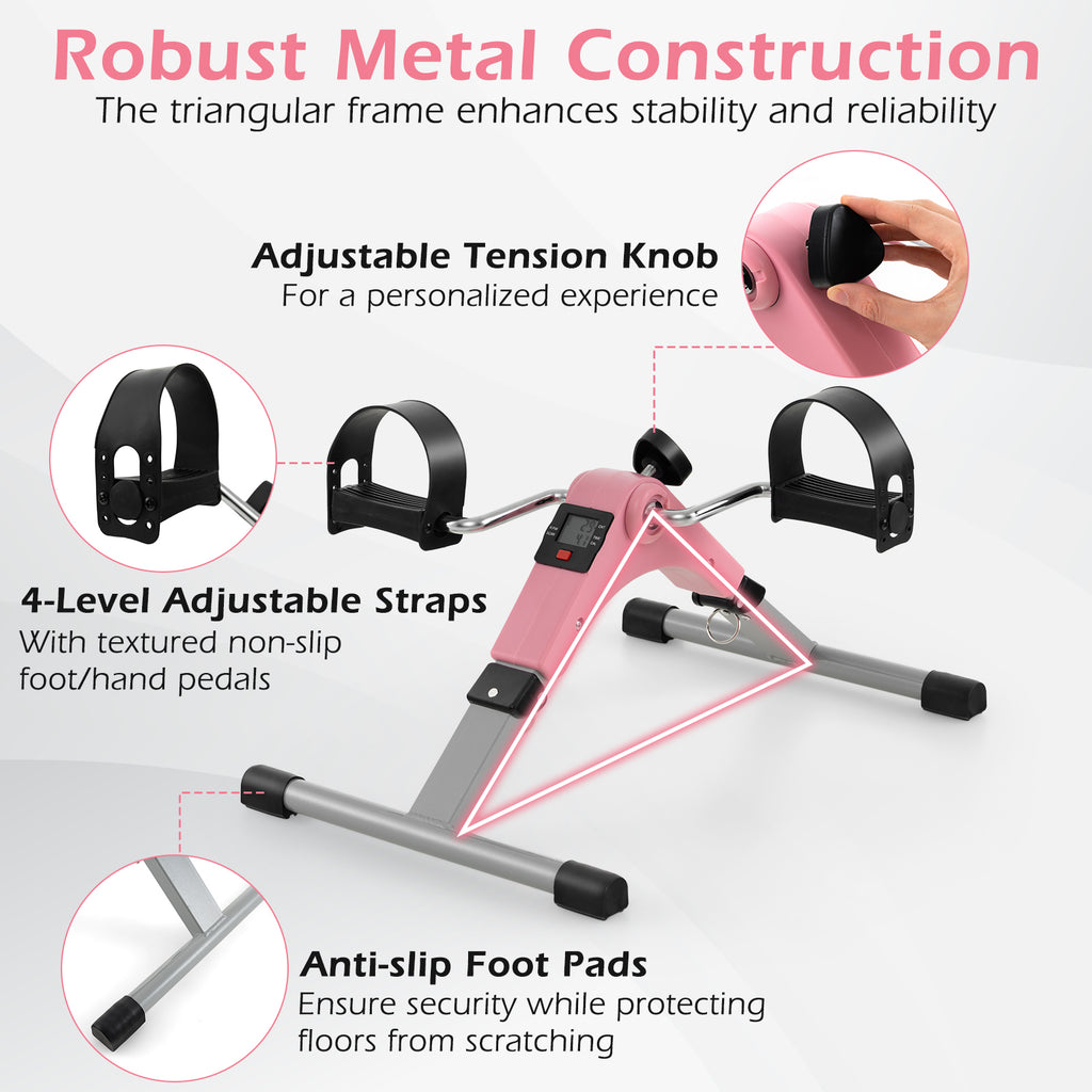 Pink Under Desk Exercise Bike Pedal Exerciser with LCD Display for Legs & Arms Workout