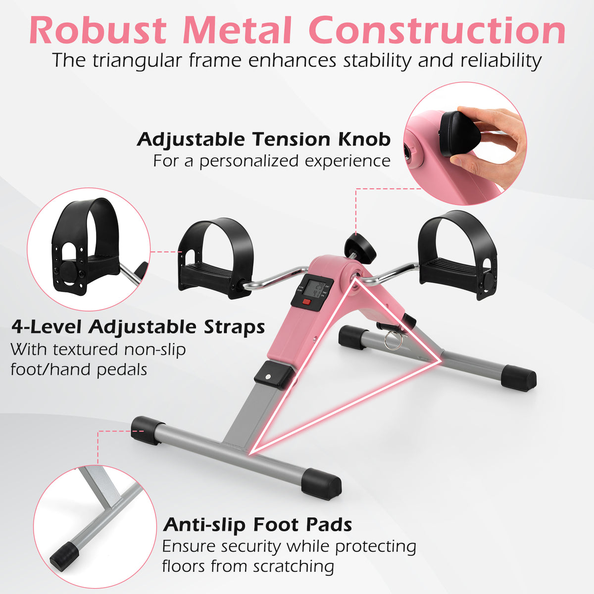 Pink Under Desk Exercise Bike Pedal Exerciser with LCD Display for Legs & Arms Workout