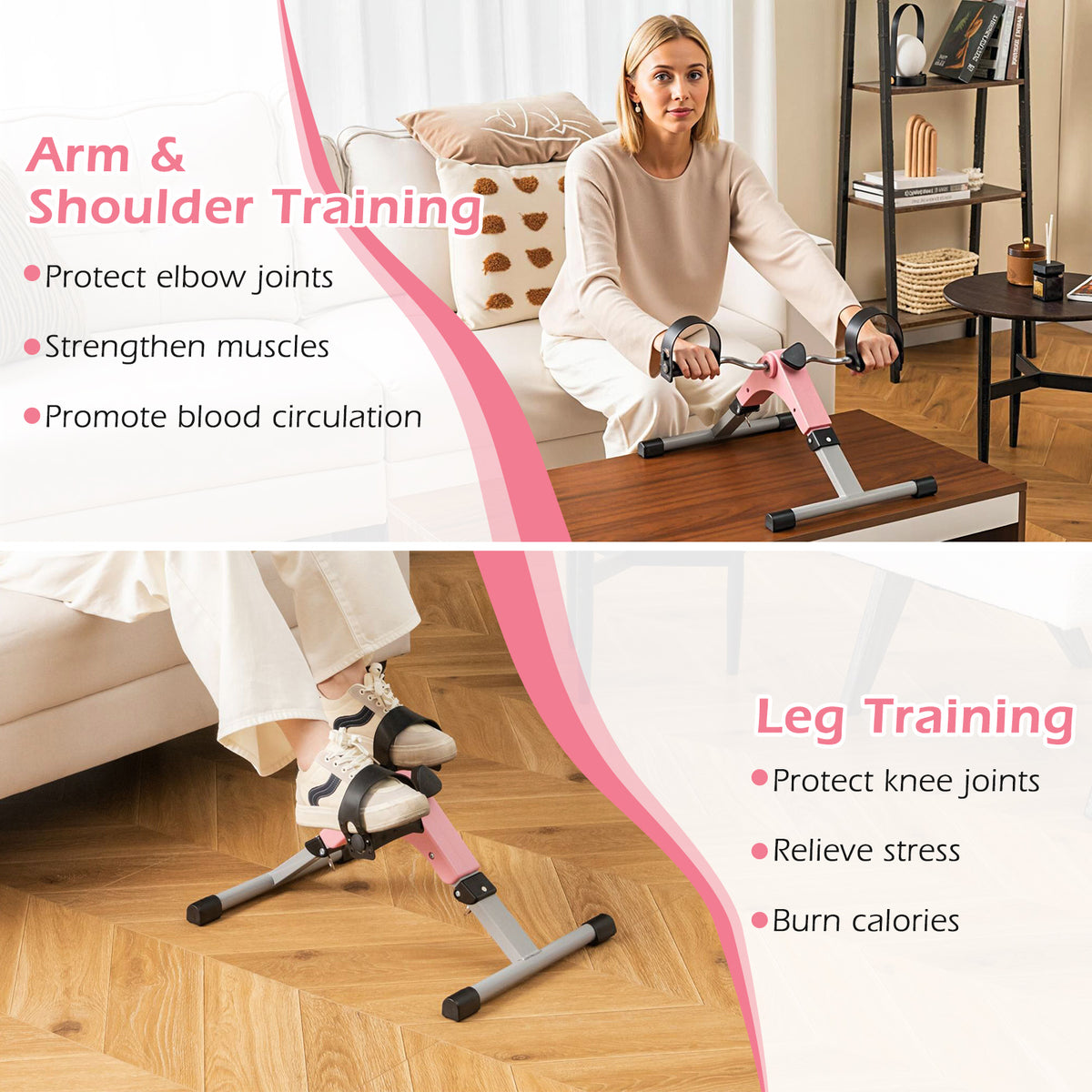 Pink Under Desk Exercise Bike Pedal Exerciser with LCD Display for Legs & Arms Workout