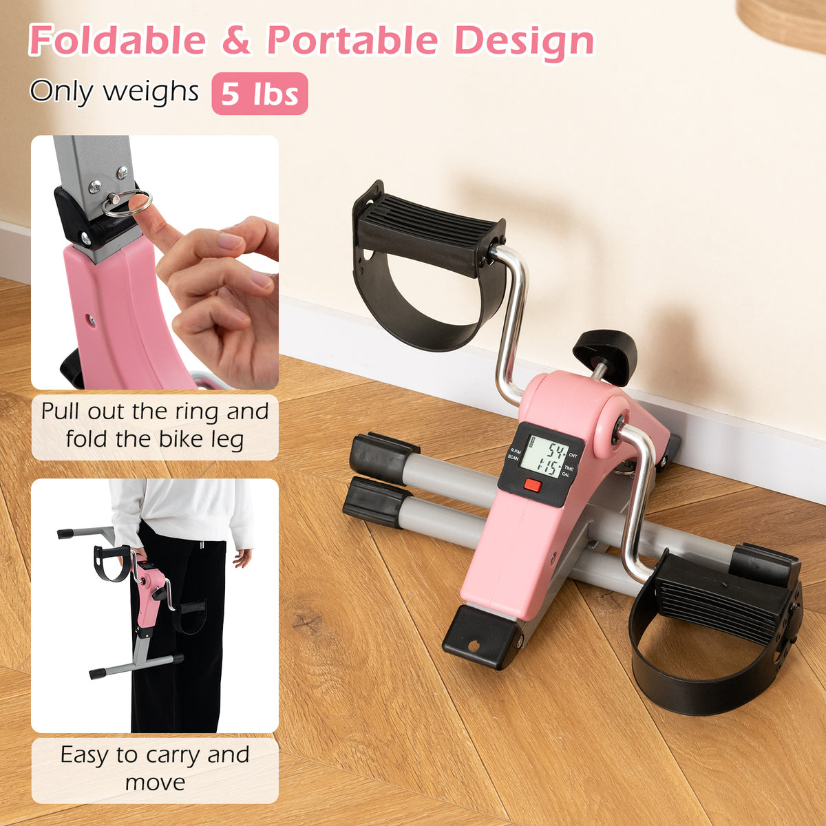 Pink Under Desk Exercise Bike Pedal Exerciser with LCD Display for Legs & Arms Workout
