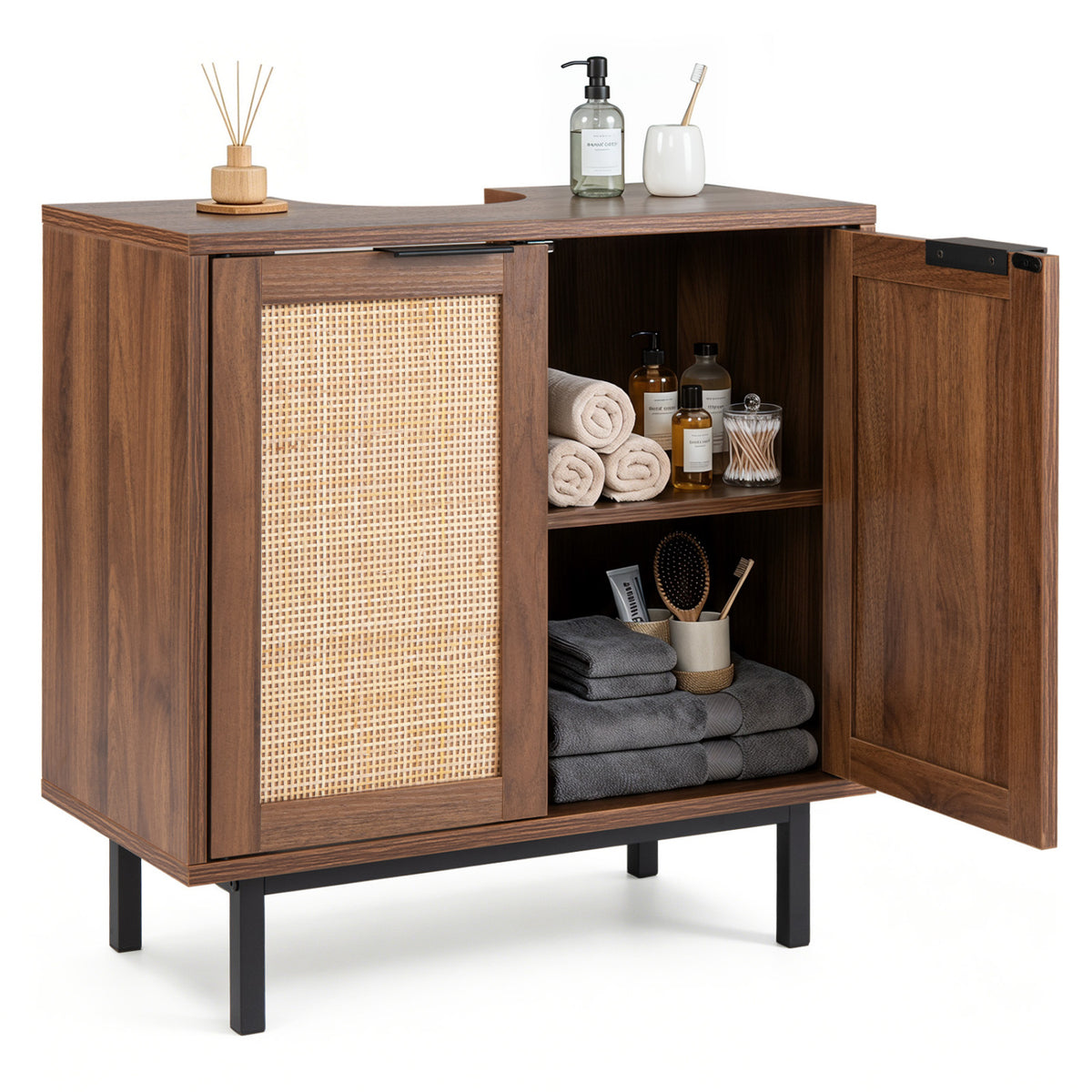 Bamboo Wall Bathroom Cabinet with Towel Rack & Ventilated Doors - Natural, Variation of Wall Cabinet with Open Compartment & Towel Rack