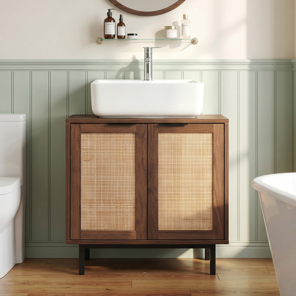 Bathroom Vanity Cabinet with U-Shaped Cut-Out 2 Rattan Doors and Shelf