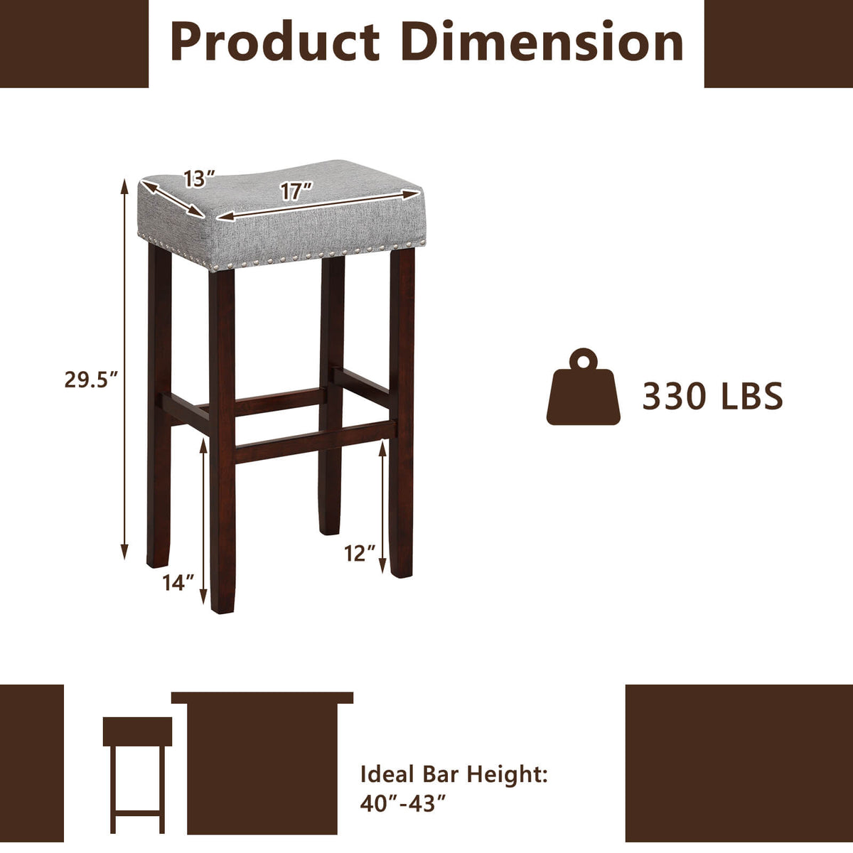 29 Inch Upholstered Bar Stool Set of 2 - Gray