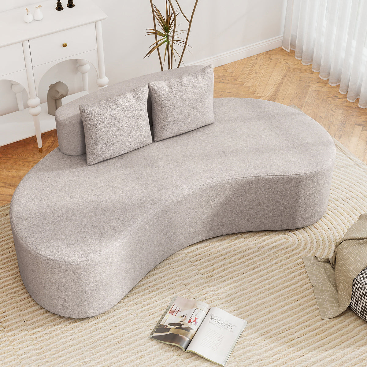 Upholstered Curved Sofa, Gray - Seats 3 with 2 Pillows