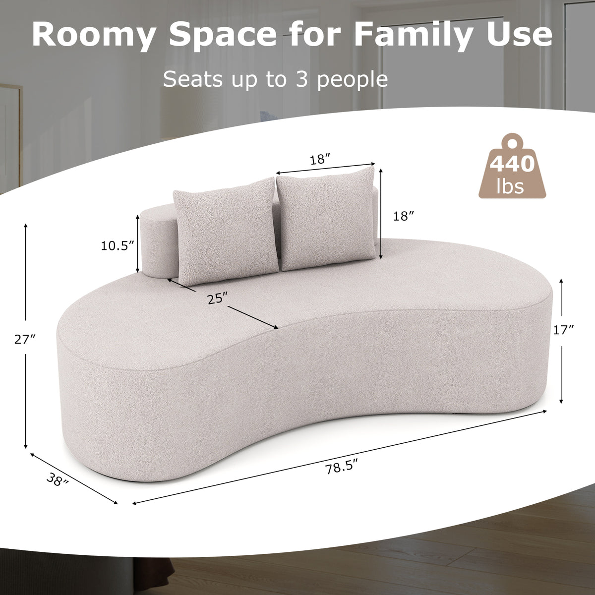 Upholstered Curved Sofa, Gray - Seats 3 with 2 Pillows