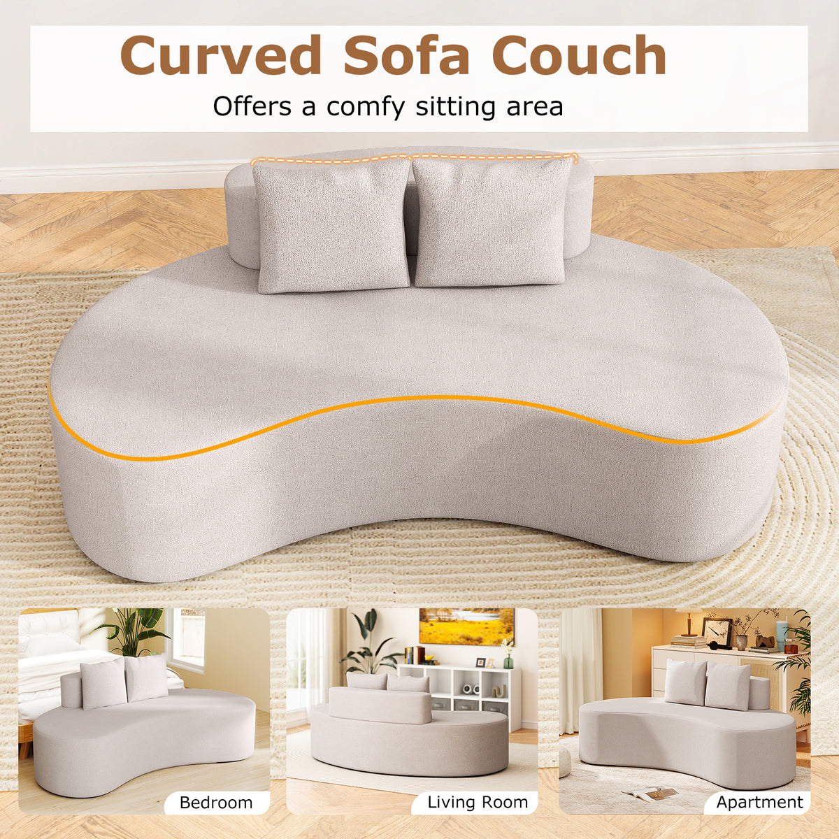 Upholstered Curved Sofa, Gray - Seats 3 with 2 Pillows