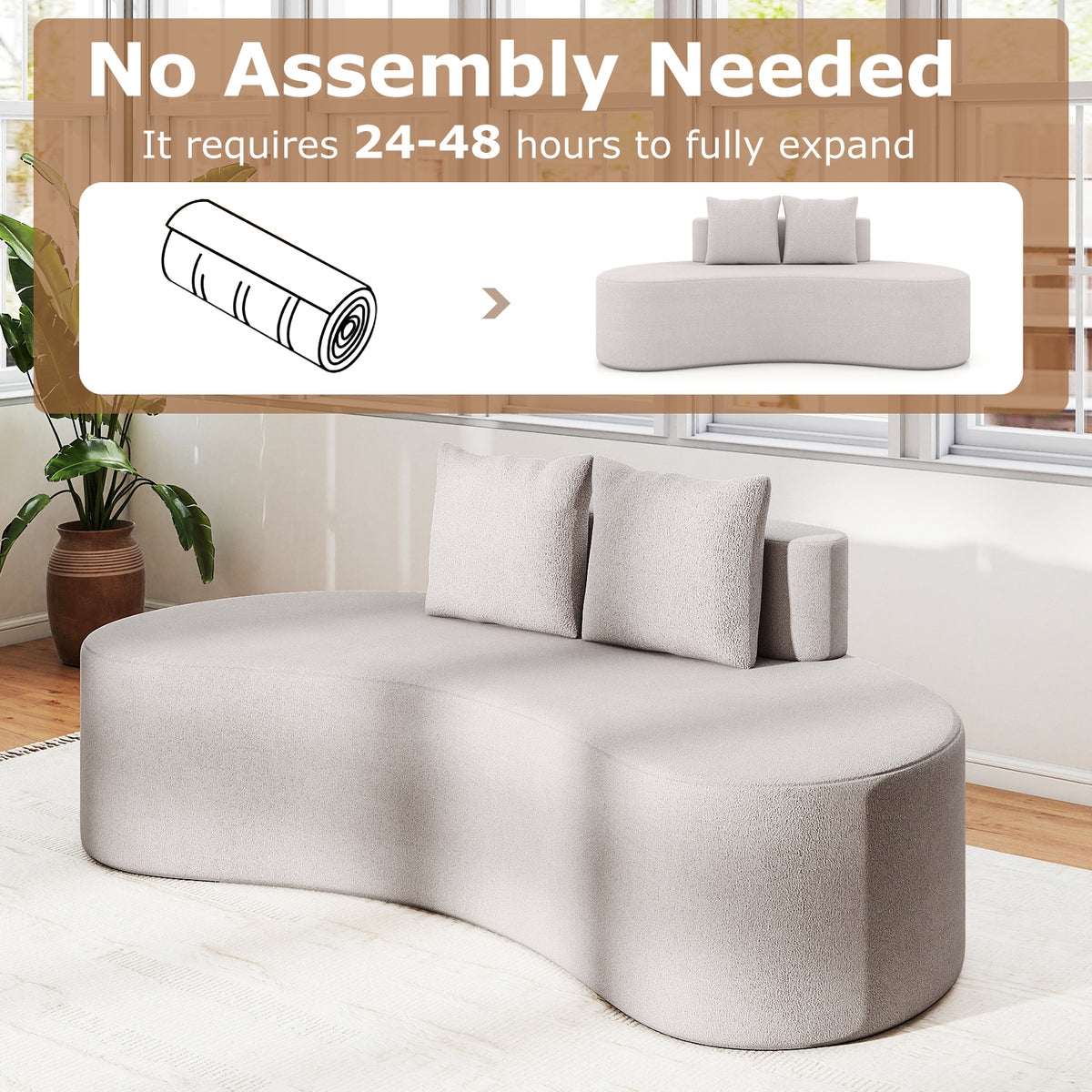 Upholstered Curved Sofa, Gray - Seats 3 with 2 Pillows