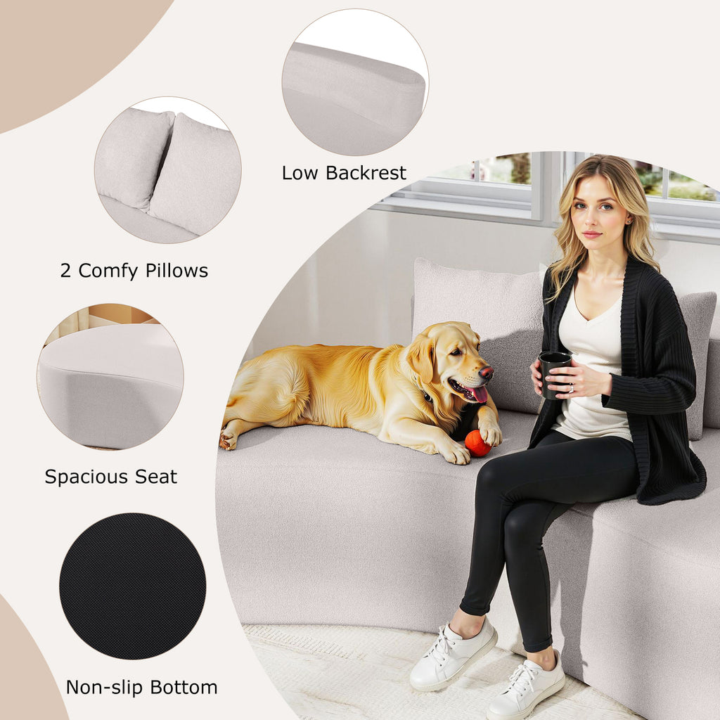Upholstered Curved Sofa, Gray - Seats 3 with 2 Pillows