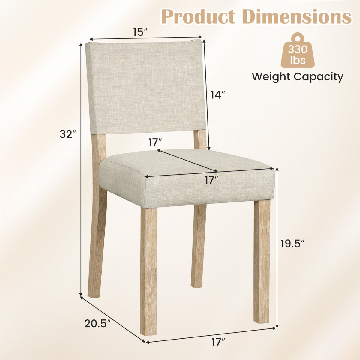 Upholstered Dining Chairs, Rubber Wood Legs, Set of 2 - Beige