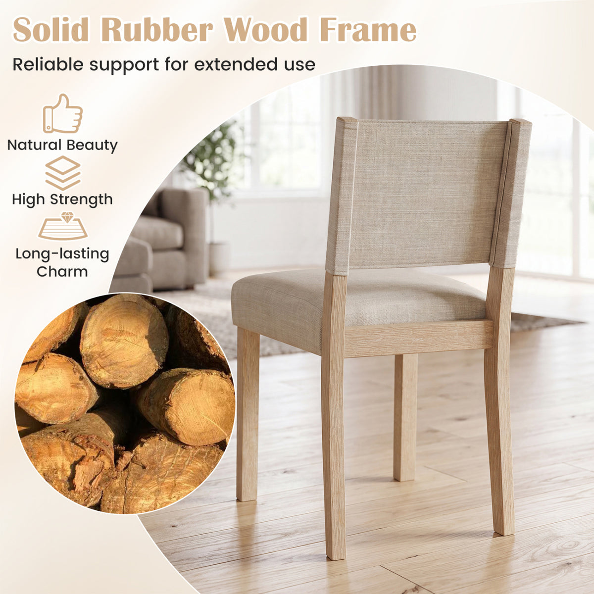 Upholstered Dining Chairs, Rubber Wood Legs, Set of 2 - Beige
