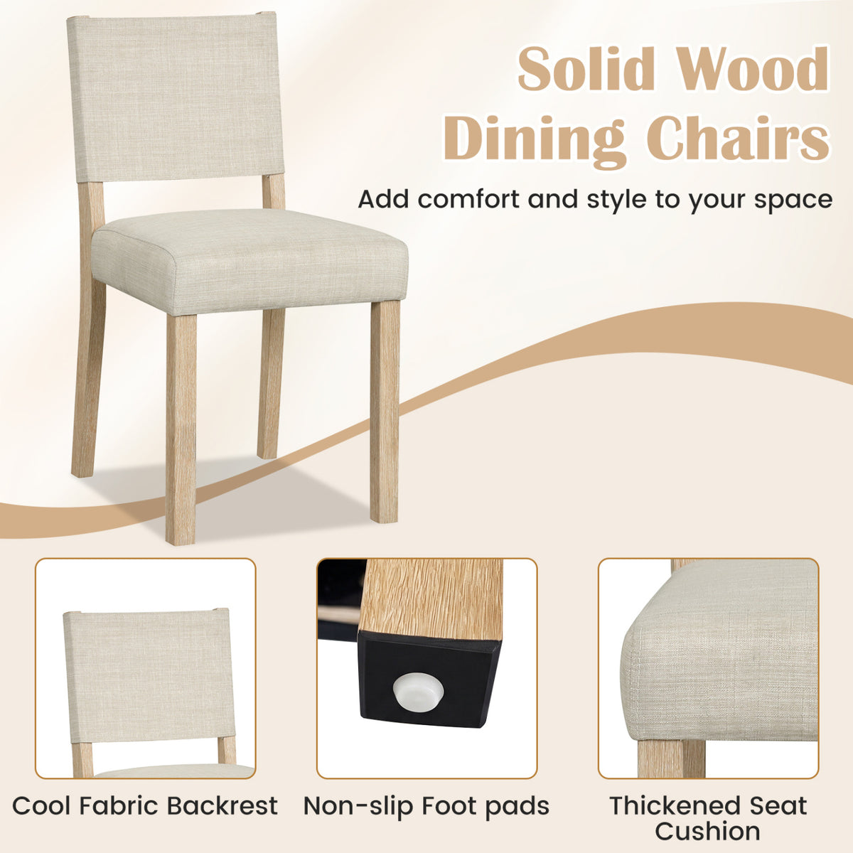 Upholstered Dining Chairs, Rubber Wood Legs, Set of 2 - Beige