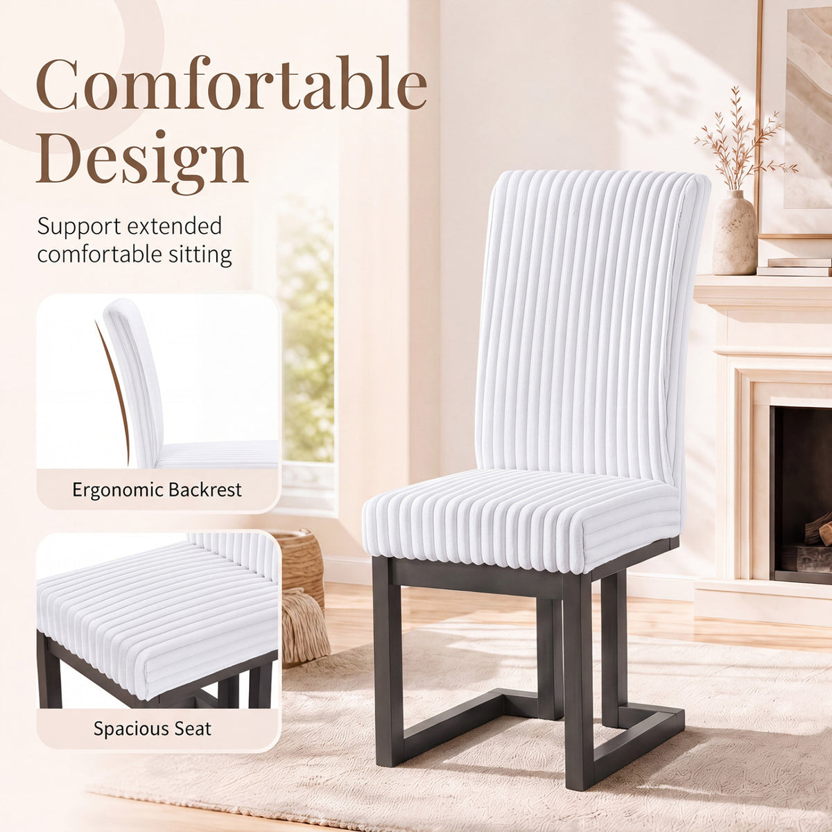 Upholstered Dining Chairs Set of 2 with Padded Seat - White