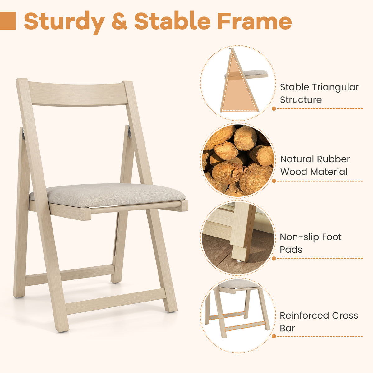 Folding Upholstered Dining Chair Set of 4, Beige Farmhouse