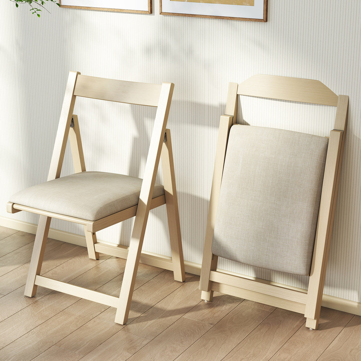 Folding Upholstered Dining Chair Set of 4 - Beige Farmhouse