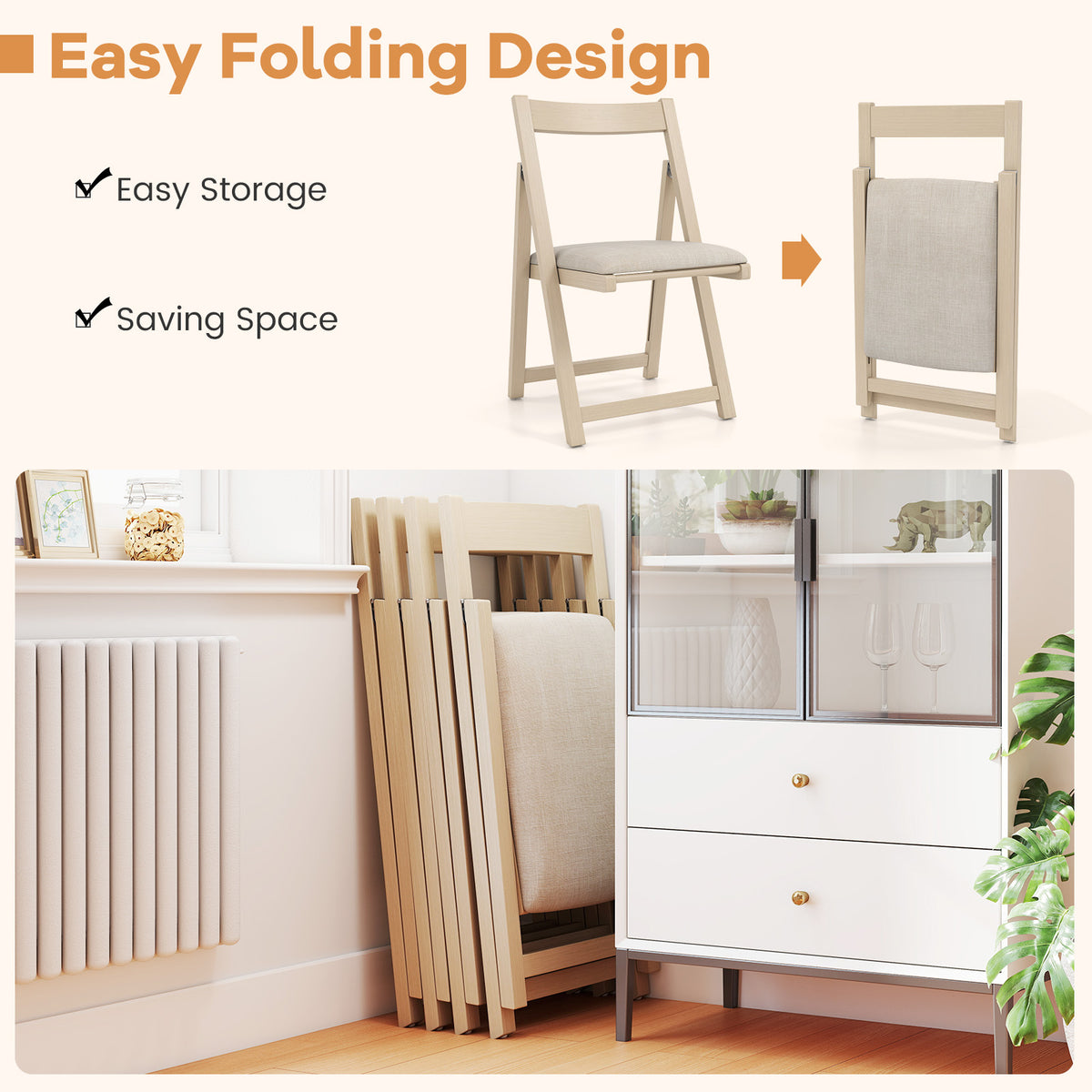 Folding Upholstered Dining Chair Set of 4 - Beige Farmhouse