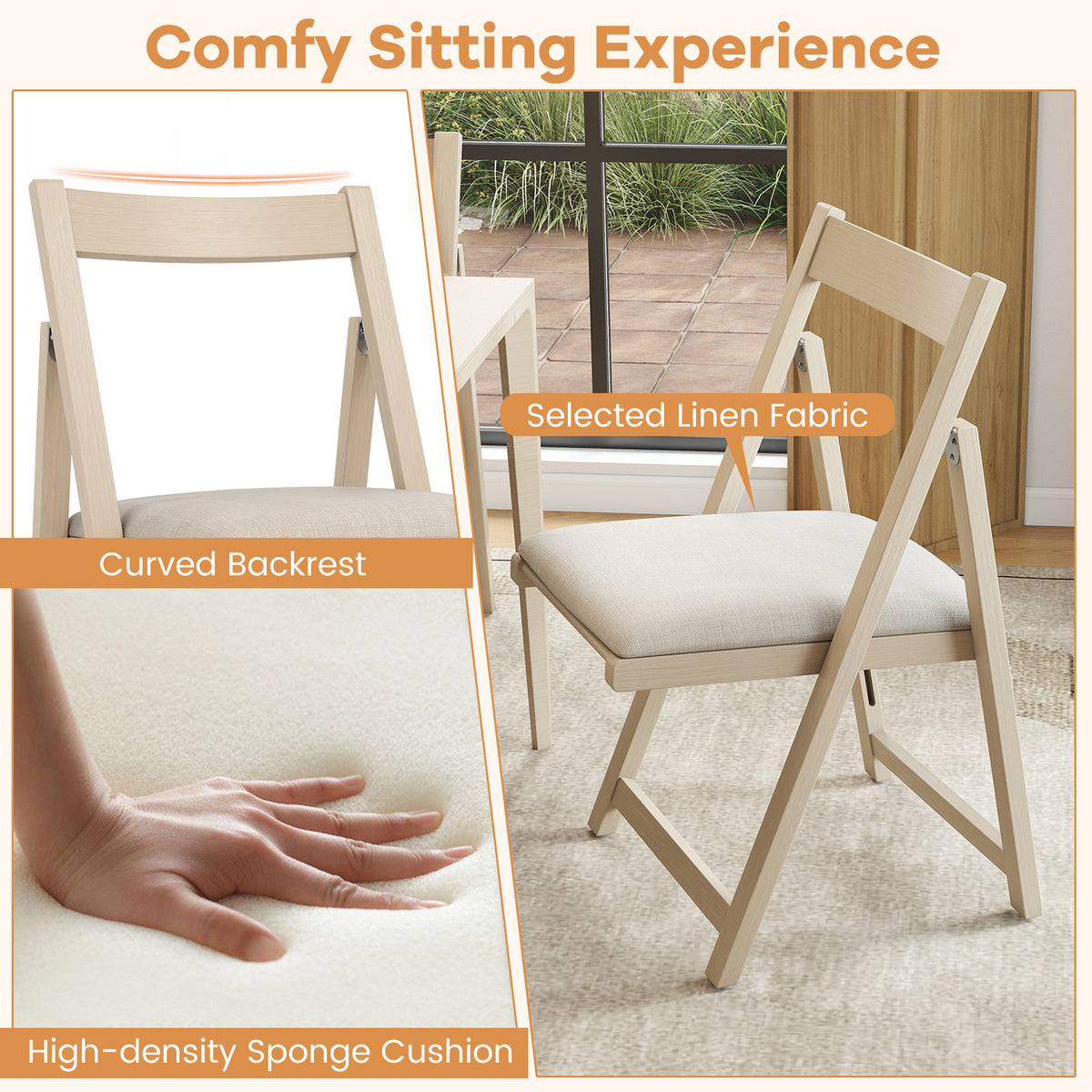 Folding Upholstered Dining Chair Set of 4, Beige Farmhouse