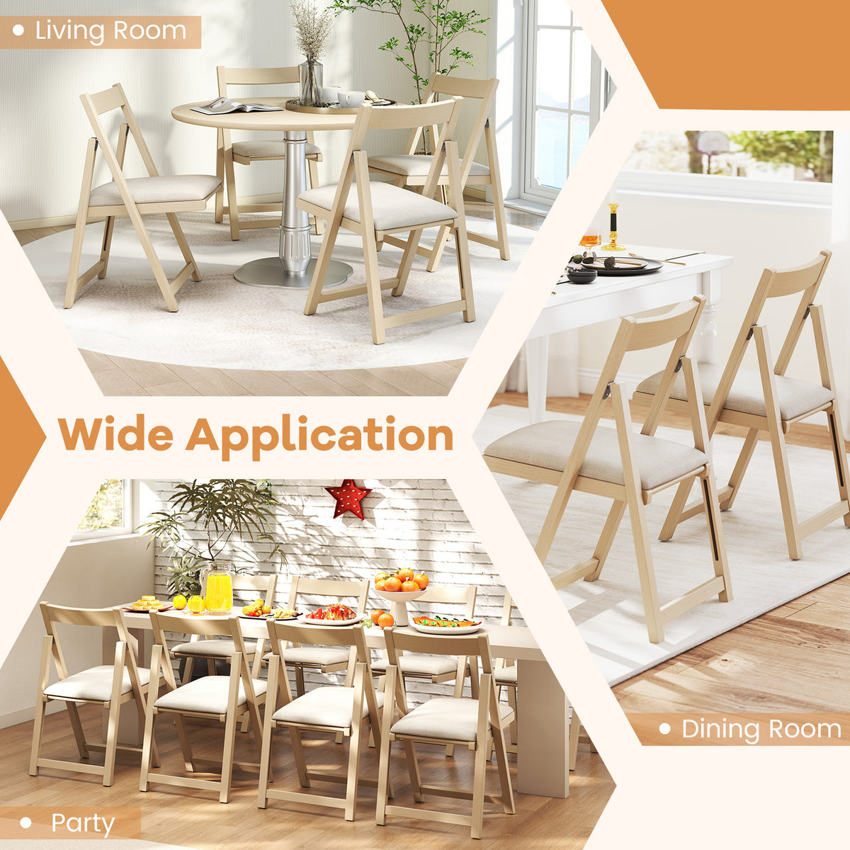 Folding Upholstered Dining Chair Set of 4, Beige Farmhouse
