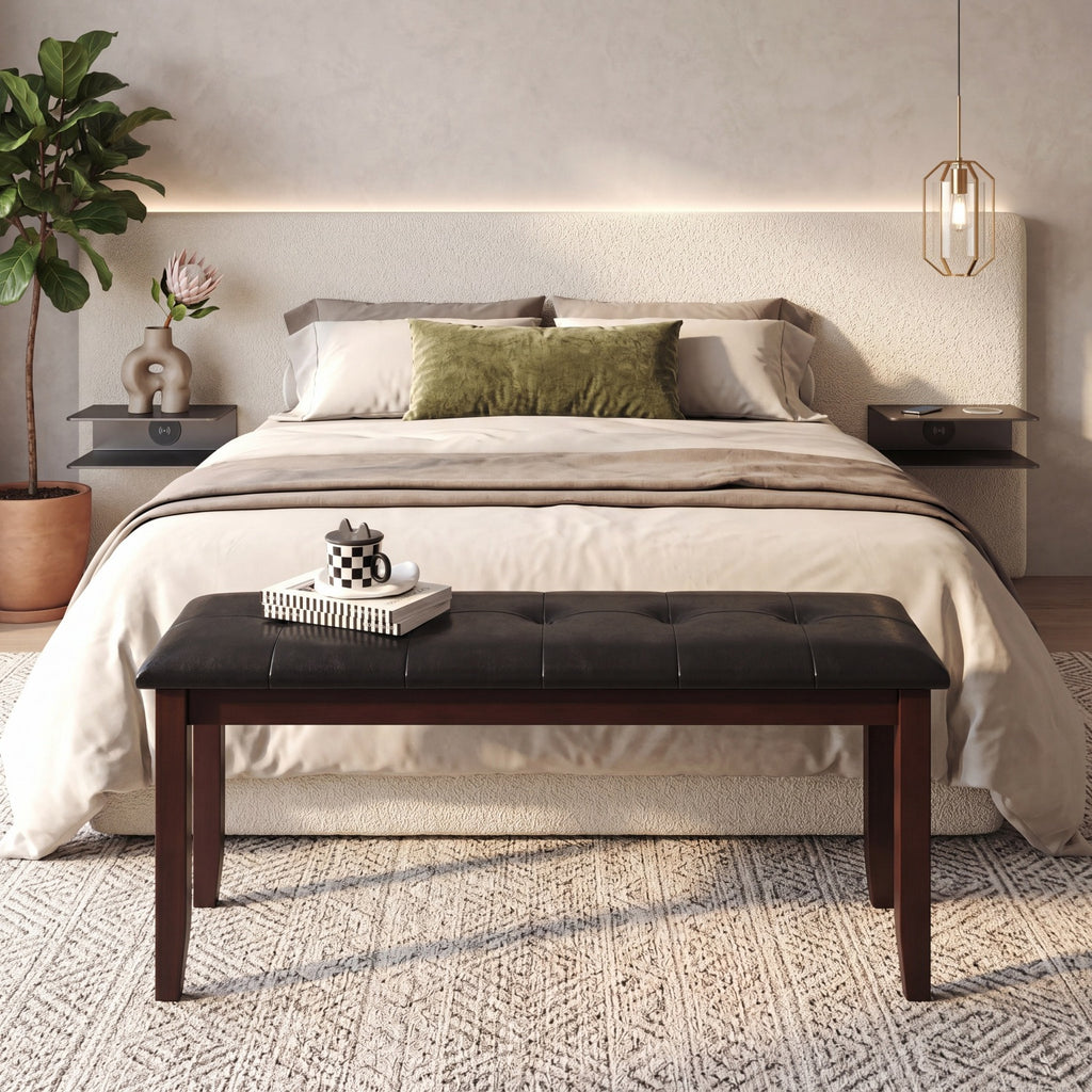 Upholstered Dining Bench with PU Leather - Brown